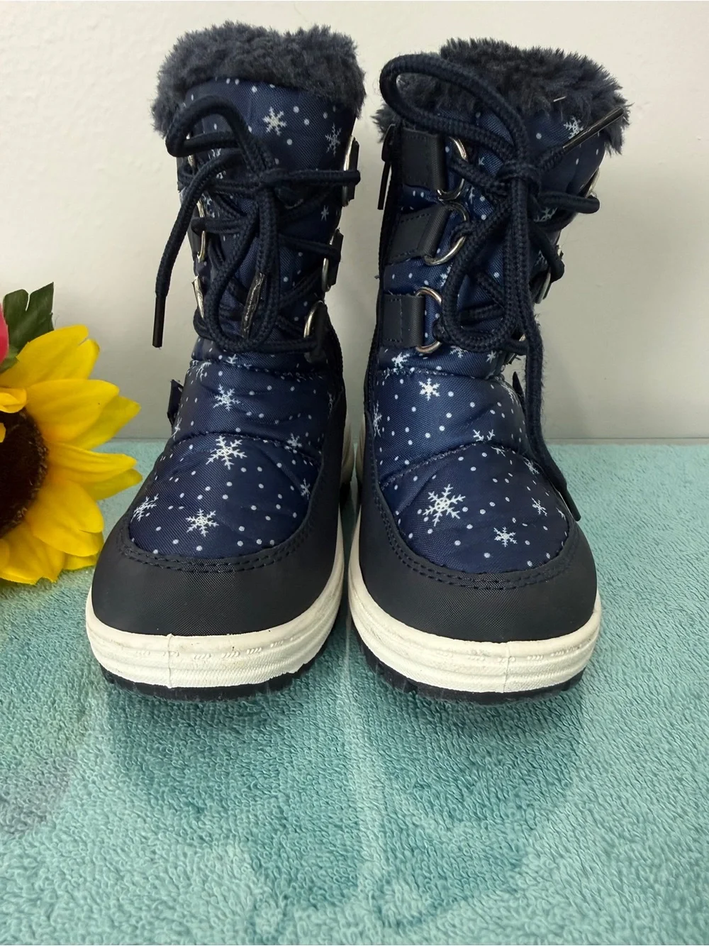 Kids Navy Snowflake Winter Boots with Faux Fur Collar